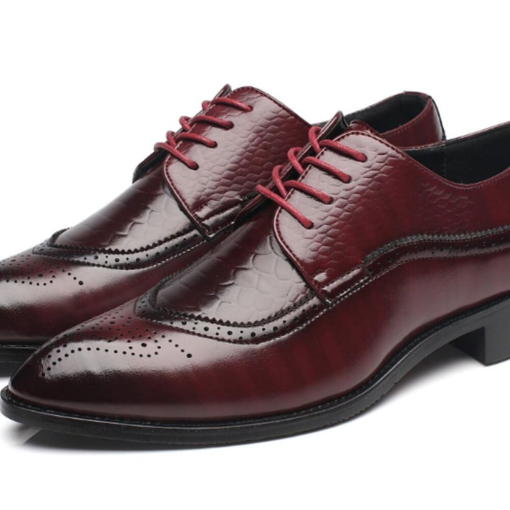 Santimon Men's US 7 - 11 Red Derby Crocodile Pattern Pointed Toe Brogue Shoes
